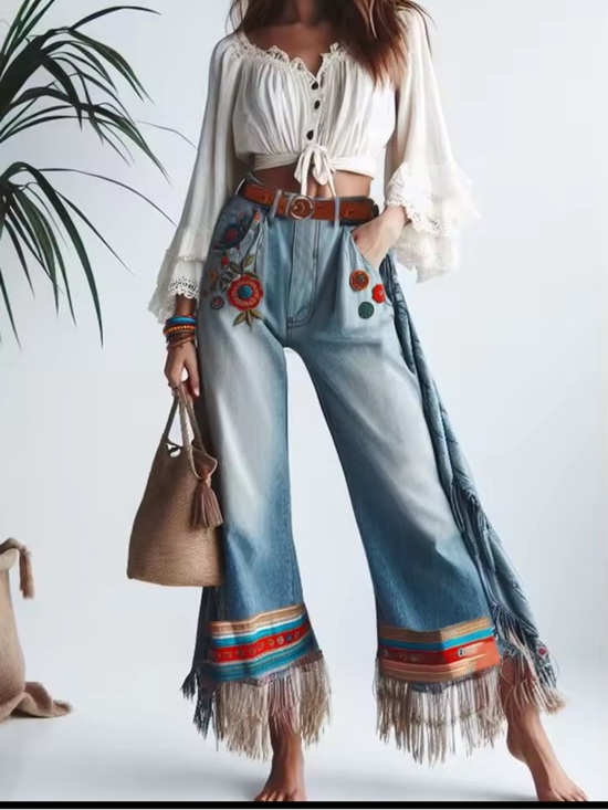 Pants - Boho Embroidered Fringe Wide-Leg Jeans in Light Denim ( Country)